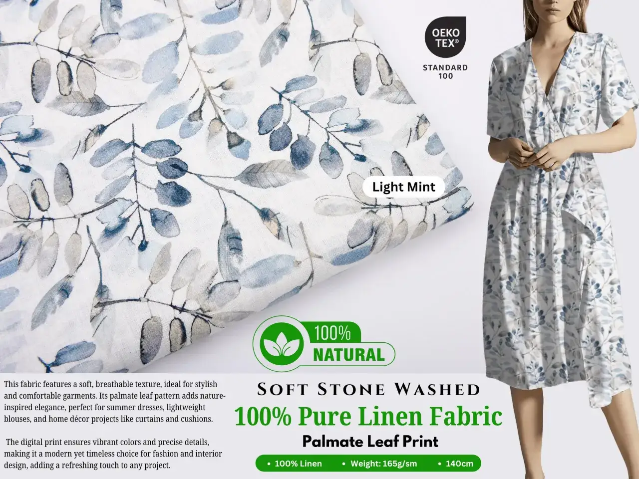Tela 100% lino con estampado de hojas, suave y transpirable. Descubre qué es el lino y su frescura natural.