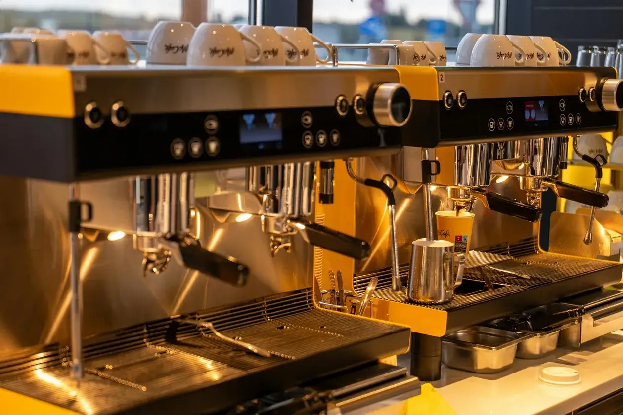 Dwa profesjonalne ekspresy do kawy, lśniące i gotowe do pracy. Kubki McCafe czekają na górze, a na dole akcesoria do kawy. Wszystko wygląda na idealnie **calc clean**.