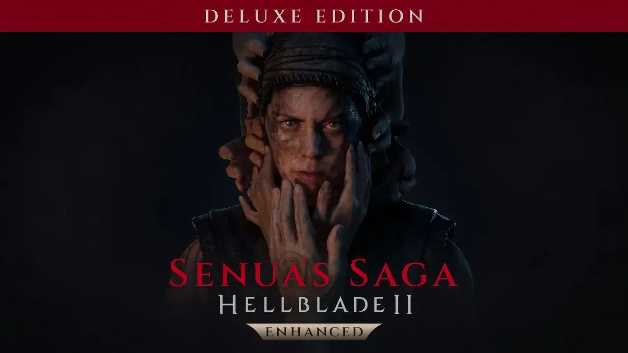 Senua z gry Hellblade 2 Deluxe Edition, otoczona dłońmi, z napisem 