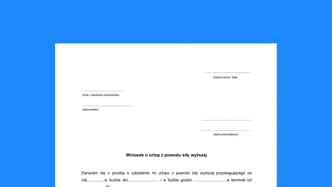 Wniosek o urlop z powodu siły wyższej, zgodnie z kodeksem pracy. Formularz do wypełnienia przez pracownika ubiegającego się o wolne.