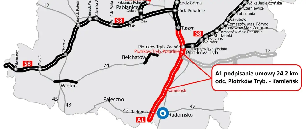 Mapa dróg z zaznaczoną autostradą bursztynową S8 i A1. Widoczne miasta: Łódź, Piotrków Trybunalski, Radomsko, Wieluń.