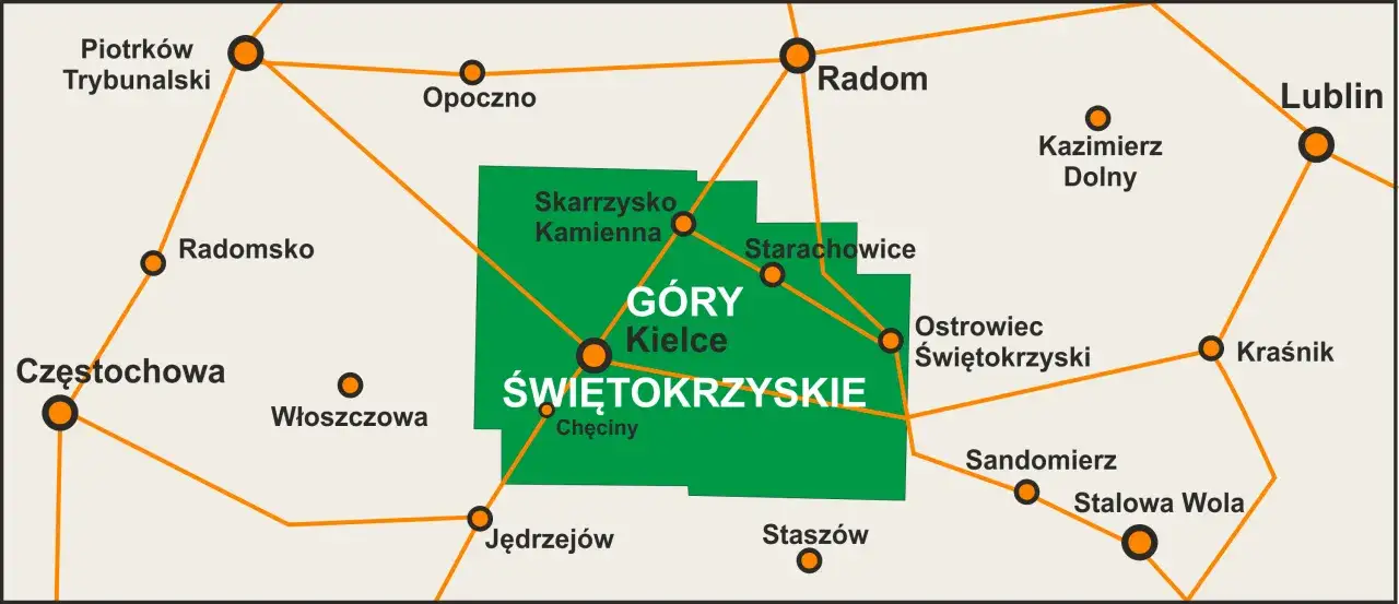Mapa regionu Gór Świętokrzyskich. Widać Kielce, Skarżysko-Kamienną, Radom, Ostrowiec Świętokrzyski, Sandomierz, a także inne miasta.