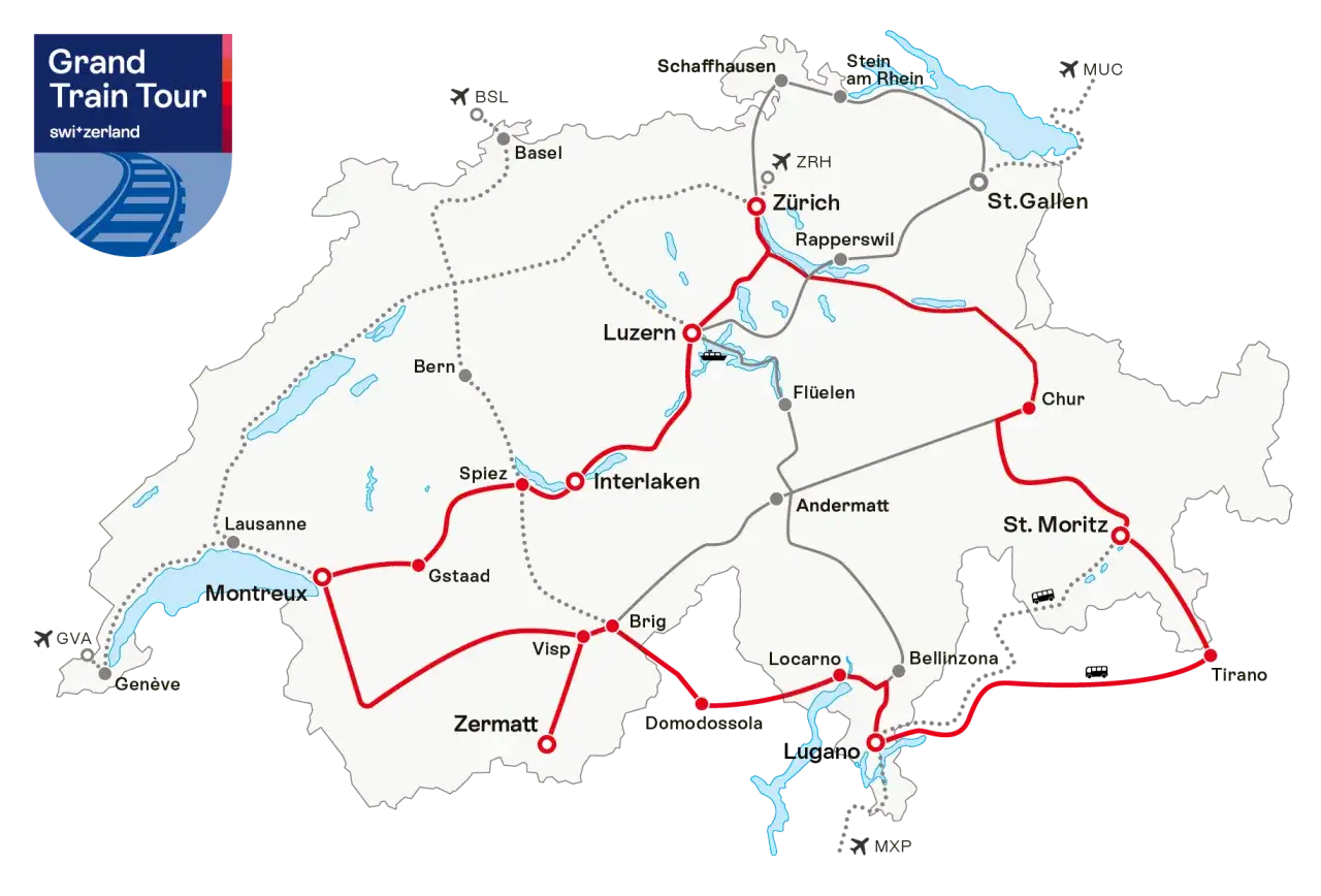 Mapa Szwajcarii z trasami pociąg&oacute;w, idealna do planowania podr&oacute;ży z **Swiss Travel Pass**. Zobaczysz gł&oacute;wne miasta i linie kolejowe.