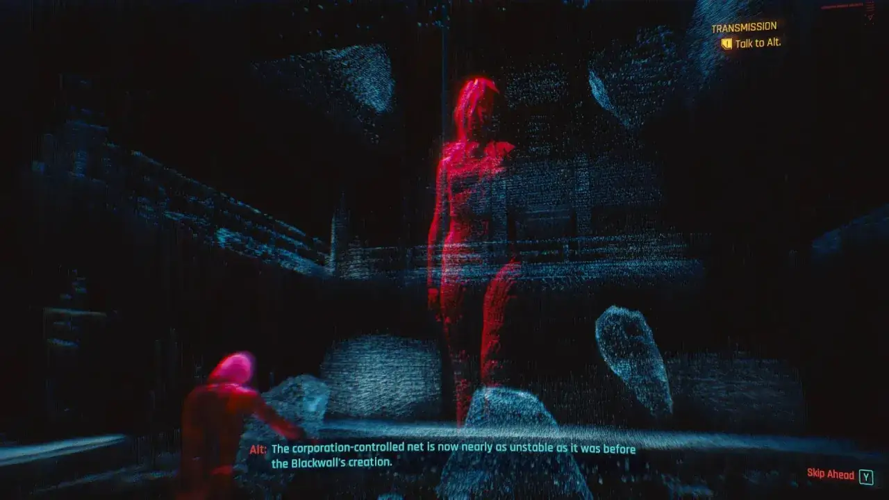Cyberpunk czynnik ludzki: cyfrowa postać Alt komunikuje się z inną, w wirtualnym świecie.