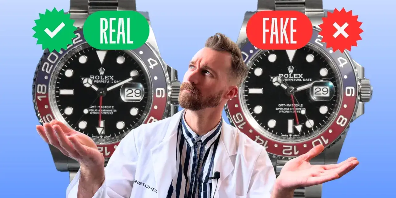 Mann vergleicht Rolex Pepsi Uhren: echt vs. fake. Ein gr&uuml;ner Haken kennzeichnet das Original, ein rotes Kreuz die F&auml;lschung.