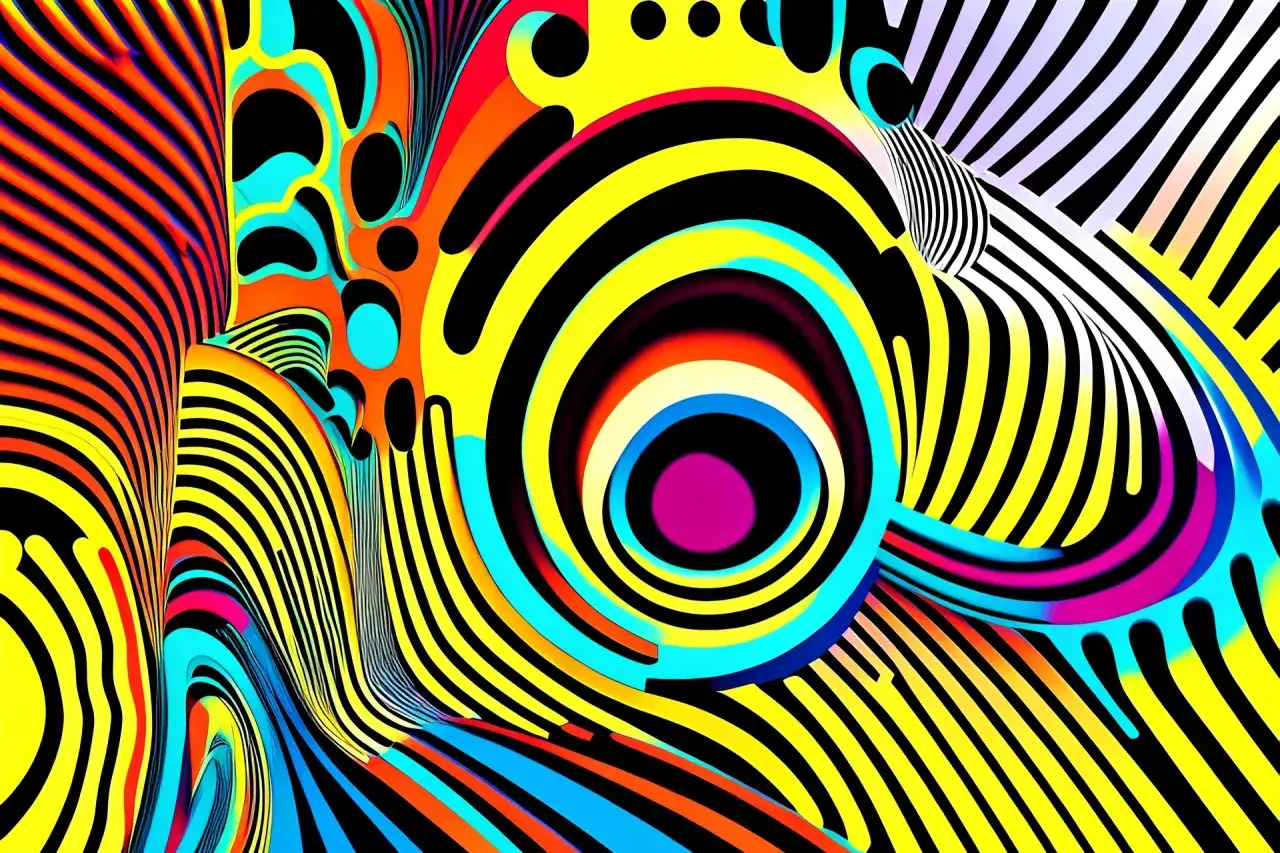 Abstrakcyjne, psychodeliczne wzory w jaskrawych kolorach, przypominające wizualizację muzyki elektronicznej.