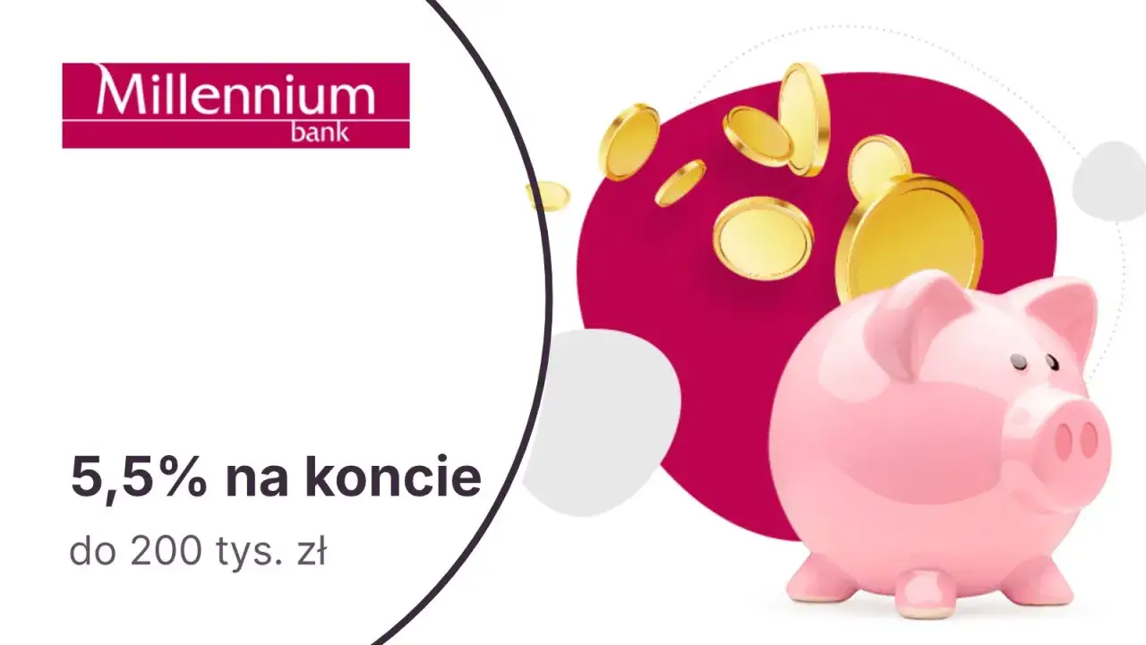 Świnka skarbonka z monetami i logo Millennium bank. Odkryj millennium nowe środki na koncie 5,5% do 200 tys. zł.
