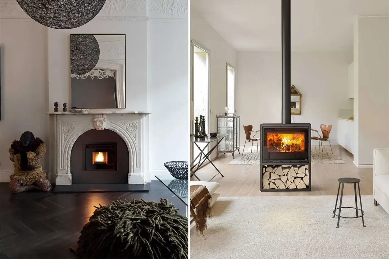 Camini moderni e classici, uno a pellet a cosa serve per un riscaldamento efficiente e pulito, l'altro a legna per un'atmosfera calda.