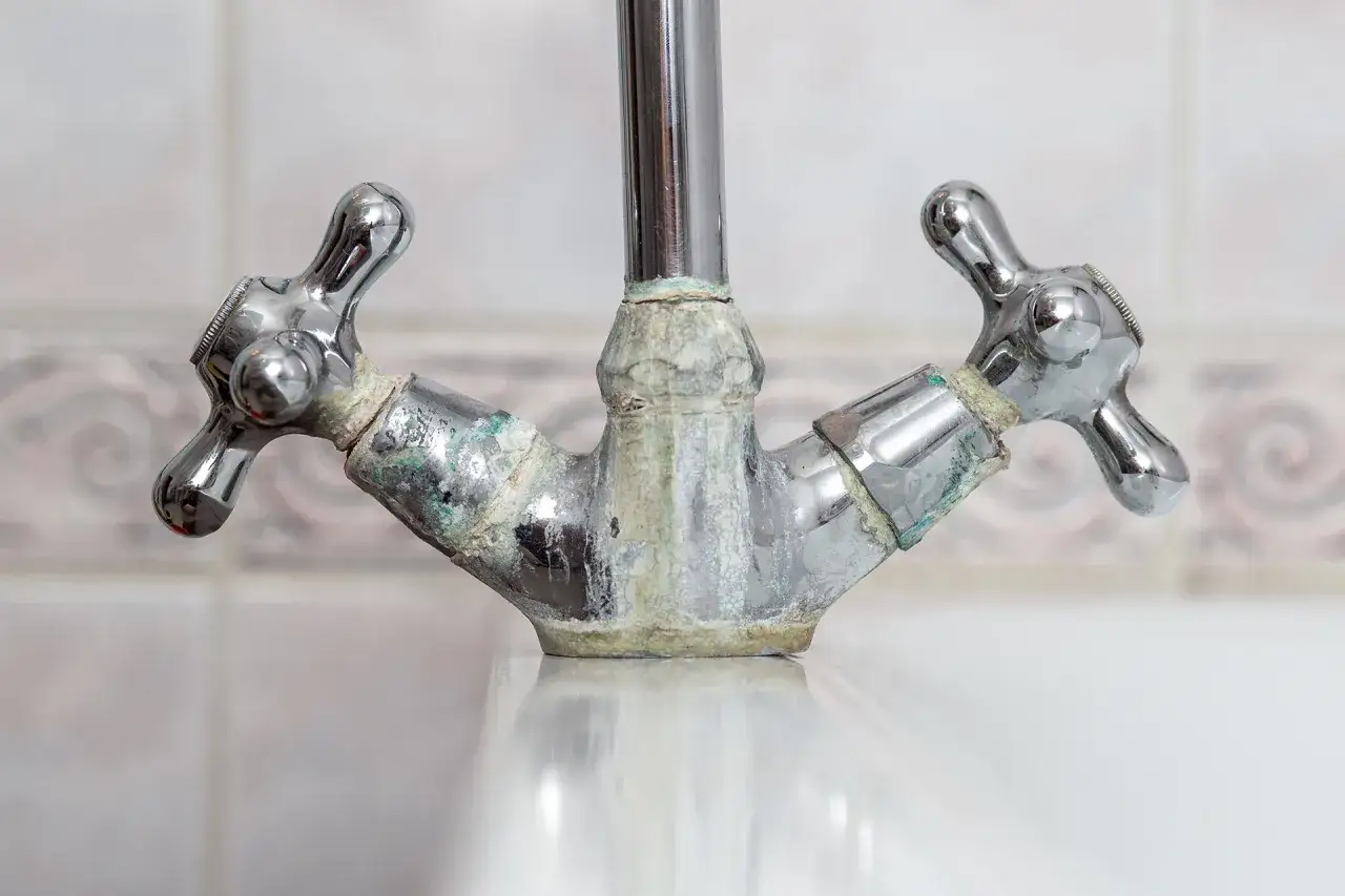 Robinet entartr&eacute;, t&eacute;moignant du danger de l'eau calcaire. La crasse blanche et verd&acirc;tre envahit le m&eacute;tal.