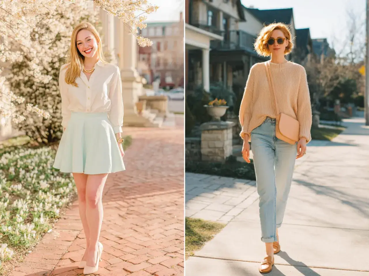 Deux femmes profitent de la couleur du printemps. L'une porte une jupe patineuse bleu pâle et un chemisier blanc, l'autre un pull beige et un jean clair.
