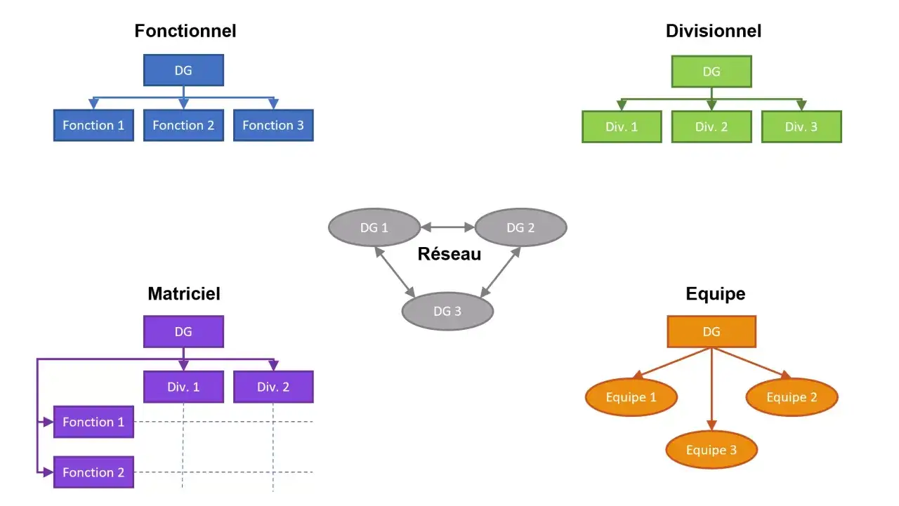 Schémas illustrant différents types d'organisation du travail : fonctionnelle, divisionnelle, matricielle, en réseau et par équipe.