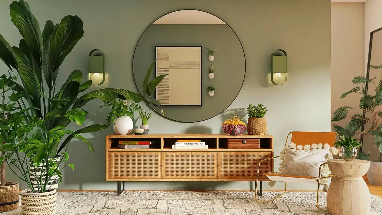 Elegante sala con decoraci&oacute;n verde, plantas exuberantes, un espejo redondo y un mueble de rat&aacute;n.