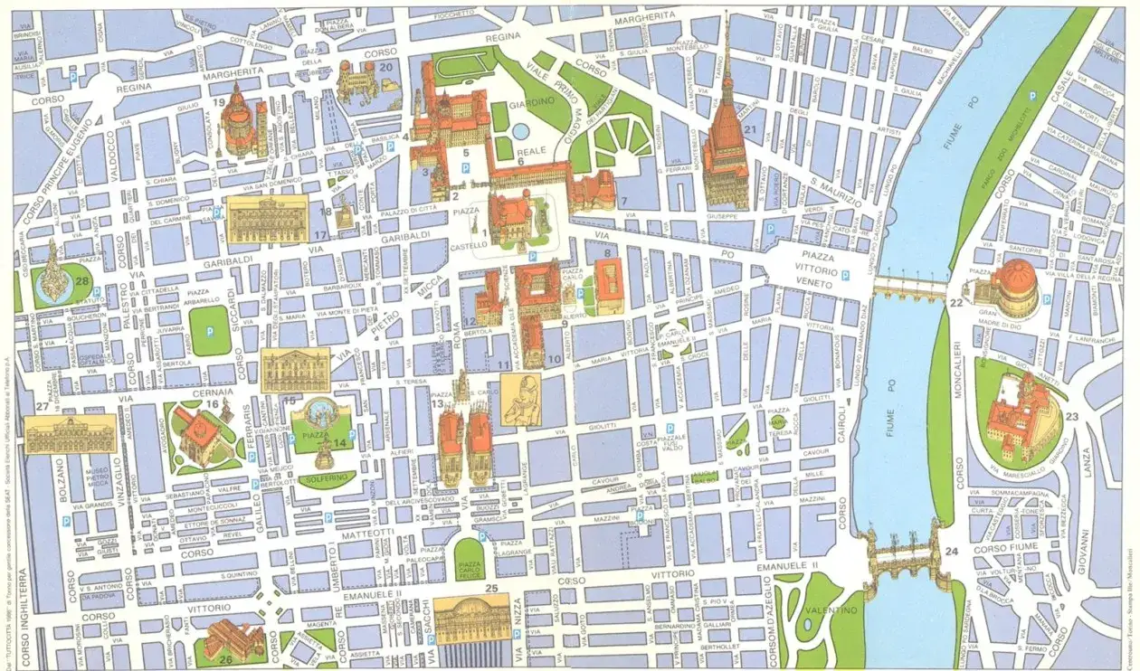 Mappa centro di Torino con attrazioni principali