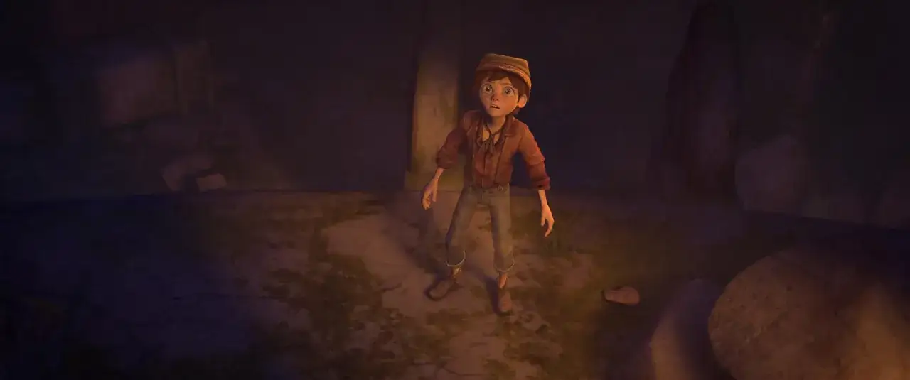 Toby Johnson, en ung pojke med en hatt, st&aring;r f&ouml;rvirrad i en m&ouml;rk, stenig milj&ouml;.