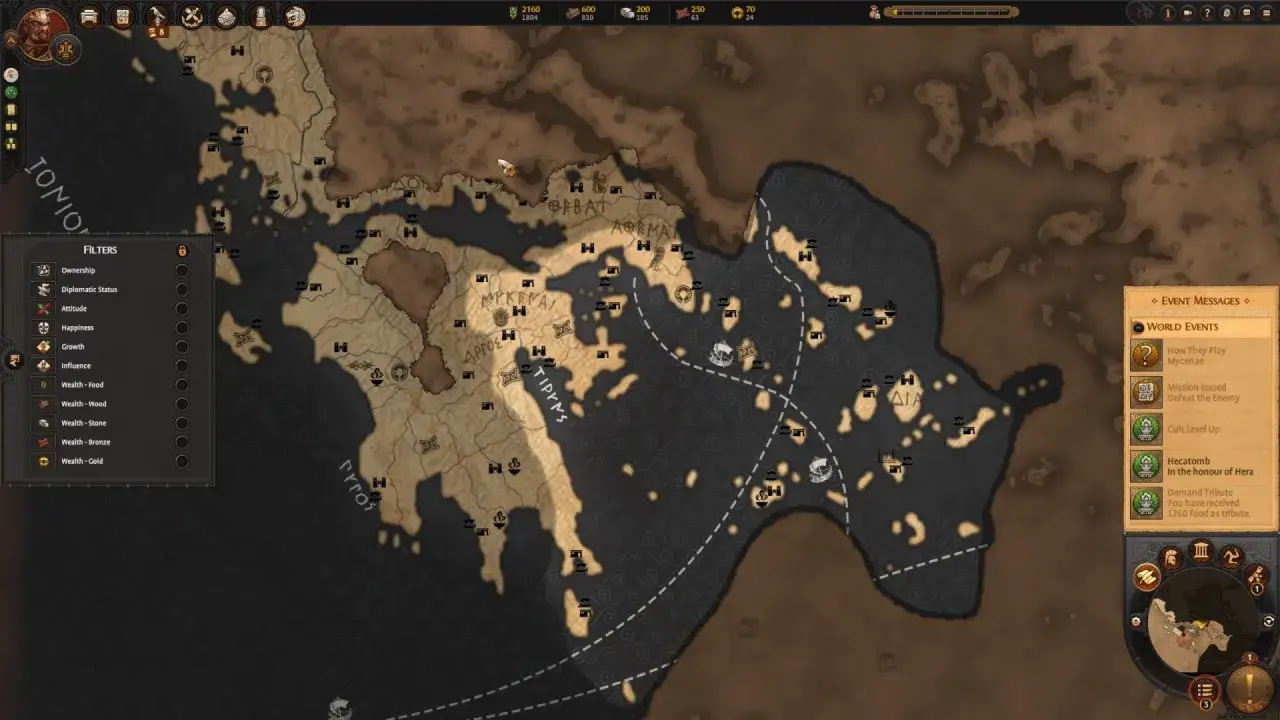Mapa świata w grze strategicznej, ukazująca terytoria, zasoby i wydarzenia.