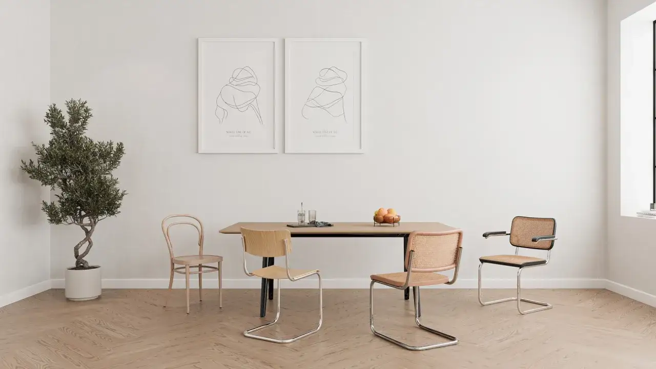 Esszimmer mit minimalistischer bauhaus einrichtung: Holztisch, vier St&uuml;hle (zwei mit Rattangeflecht), Olivenbaum und zwei gerahmte Zeichnungen.