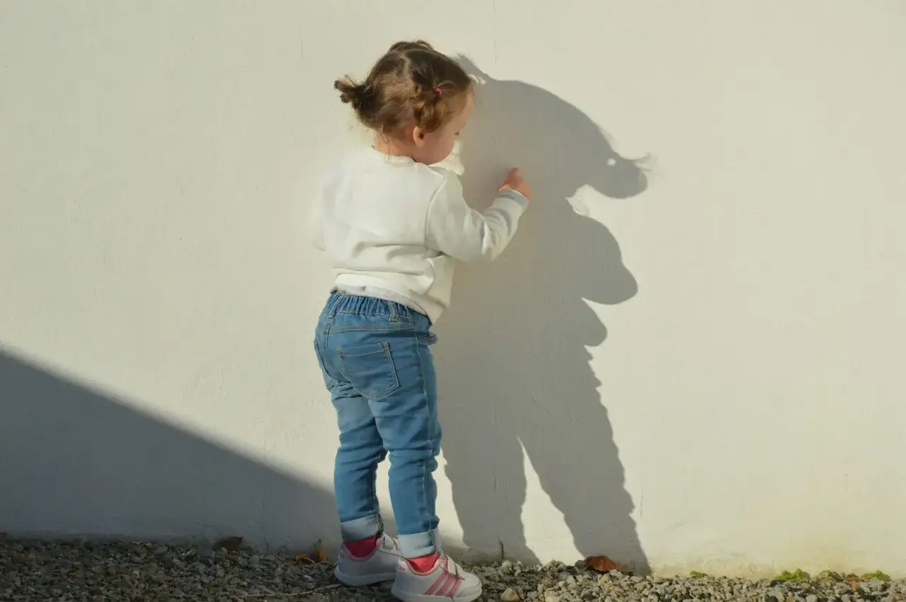 Litet barn med fl&auml;tor pekar p&aring; sin skugga p&aring; en vit v&auml;gg. Vissa ser detta som tecken p&aring; autism hos barn, en fascination f&ouml;r m&ouml;nster.