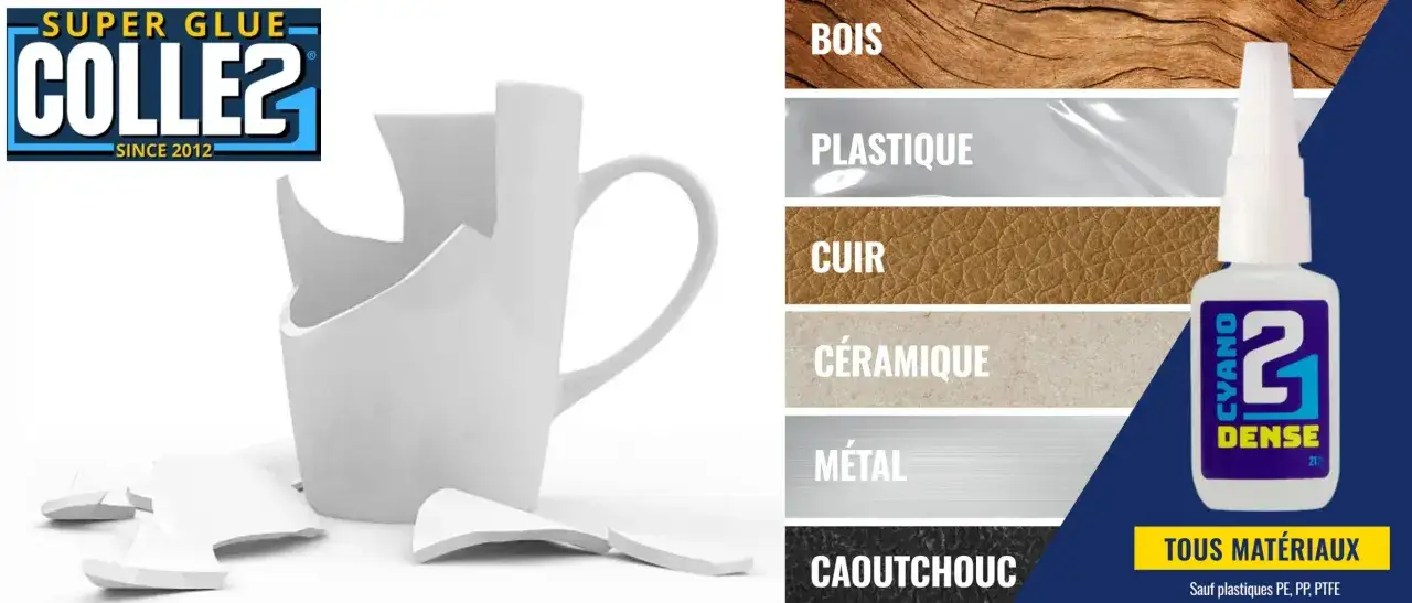 Comment réparer une céramique cassée : une tasse brisée et une colle super forte pour tous matériaux.