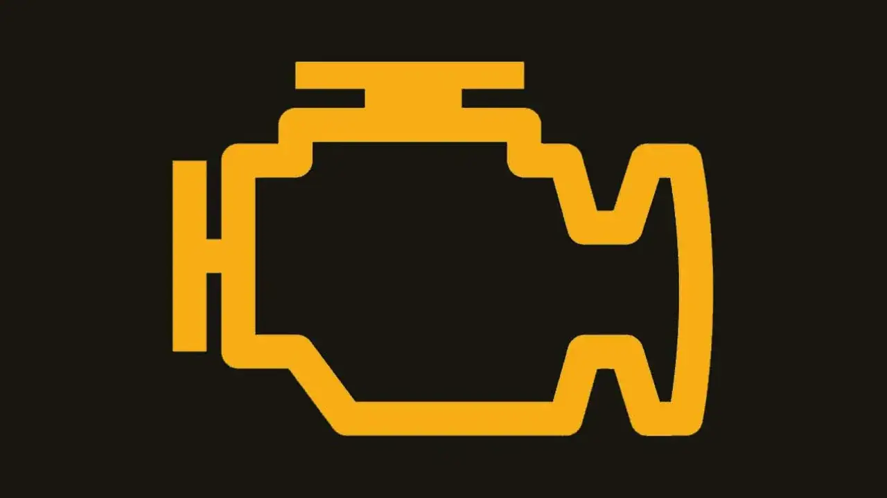 Gelbe Motorkontrollleuchte im Stil eines BMW-Symbols. Ein Hinweis, dass etwas mit dem Motor nicht stimmt.