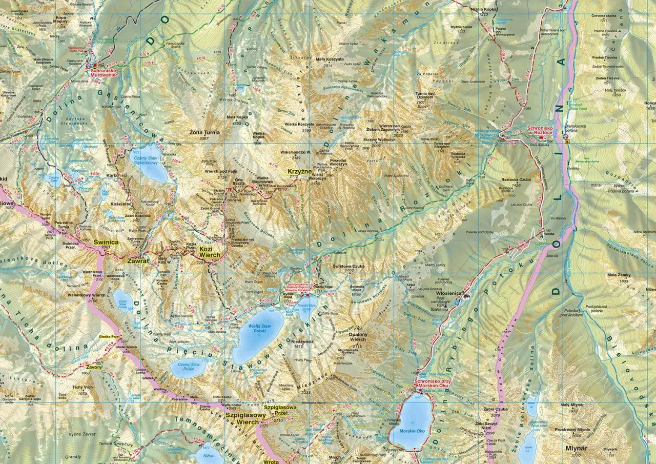 Mapa Tatr Wysokich z zaznaczoną trasą Orla Perć, prowadzącą przez szczyty i przełęcze, m.in. Kozi Wierch, Zawrat, Świnica.