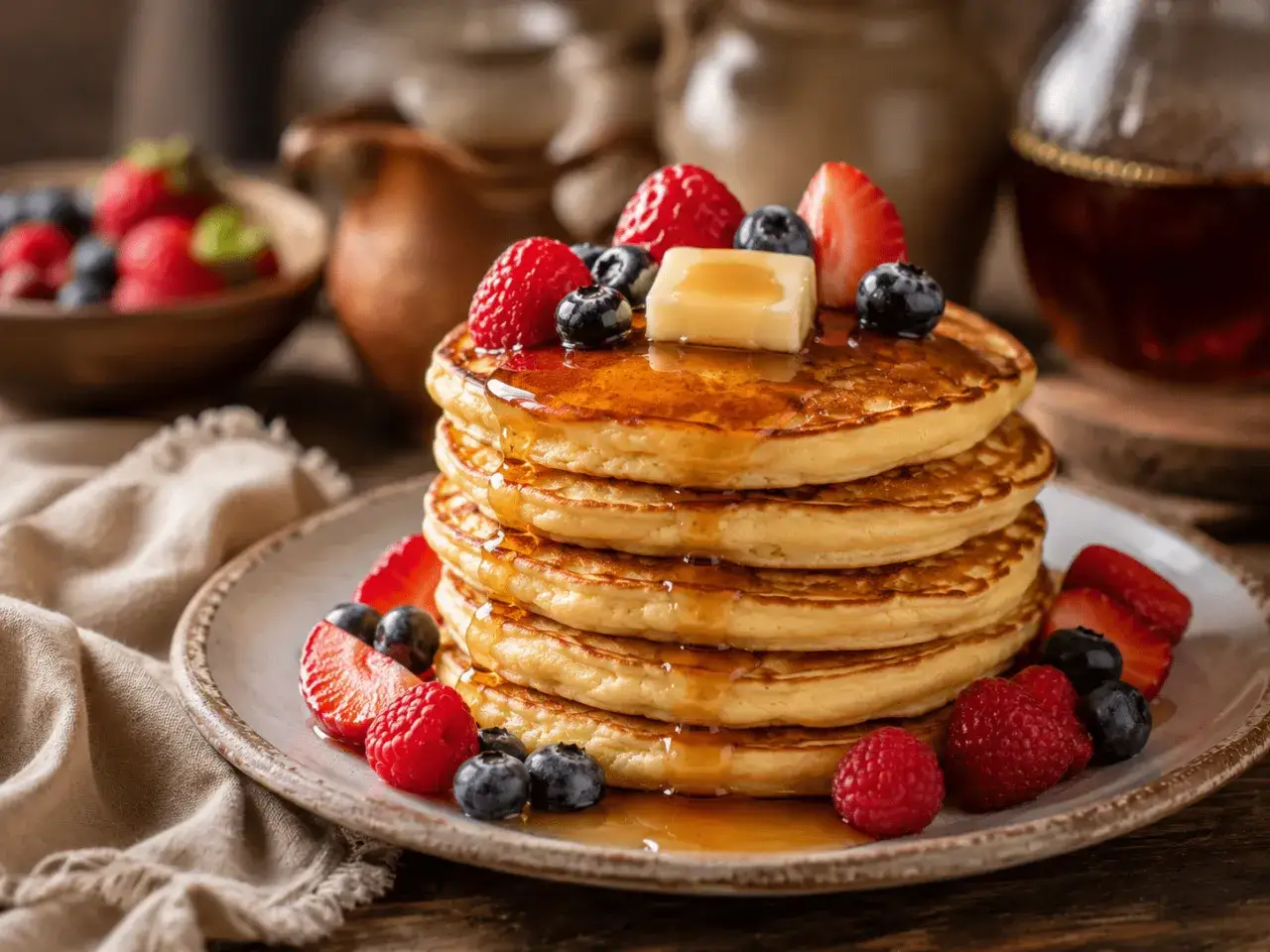 Pila de tortitas doradas con sirope, mantequilla y frutos rojos. ¡Una deliciosa receta de tortitas para disfrutar!