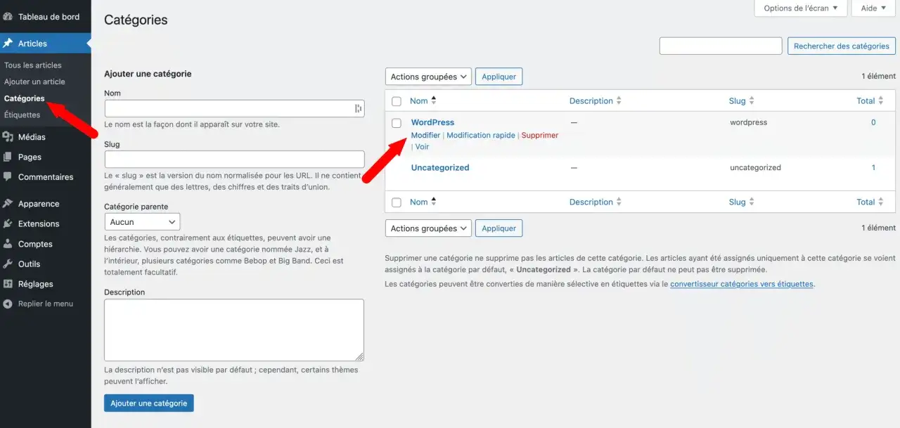 Interface WordPress pour gérer les catégories d'articles. Un permalien est visible pour la catégorie