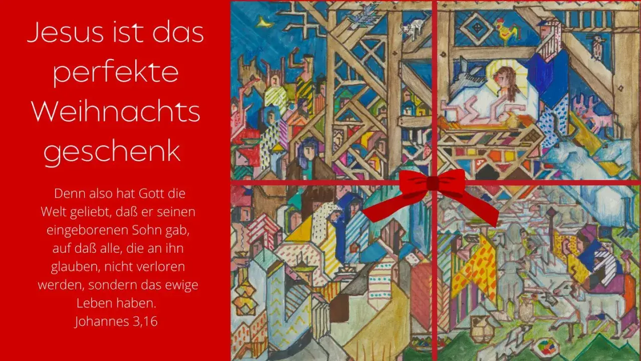 Weihnachtsbild mit Krippenszene und Menschenmenge, umrahmt von roten Bändern. Text: 