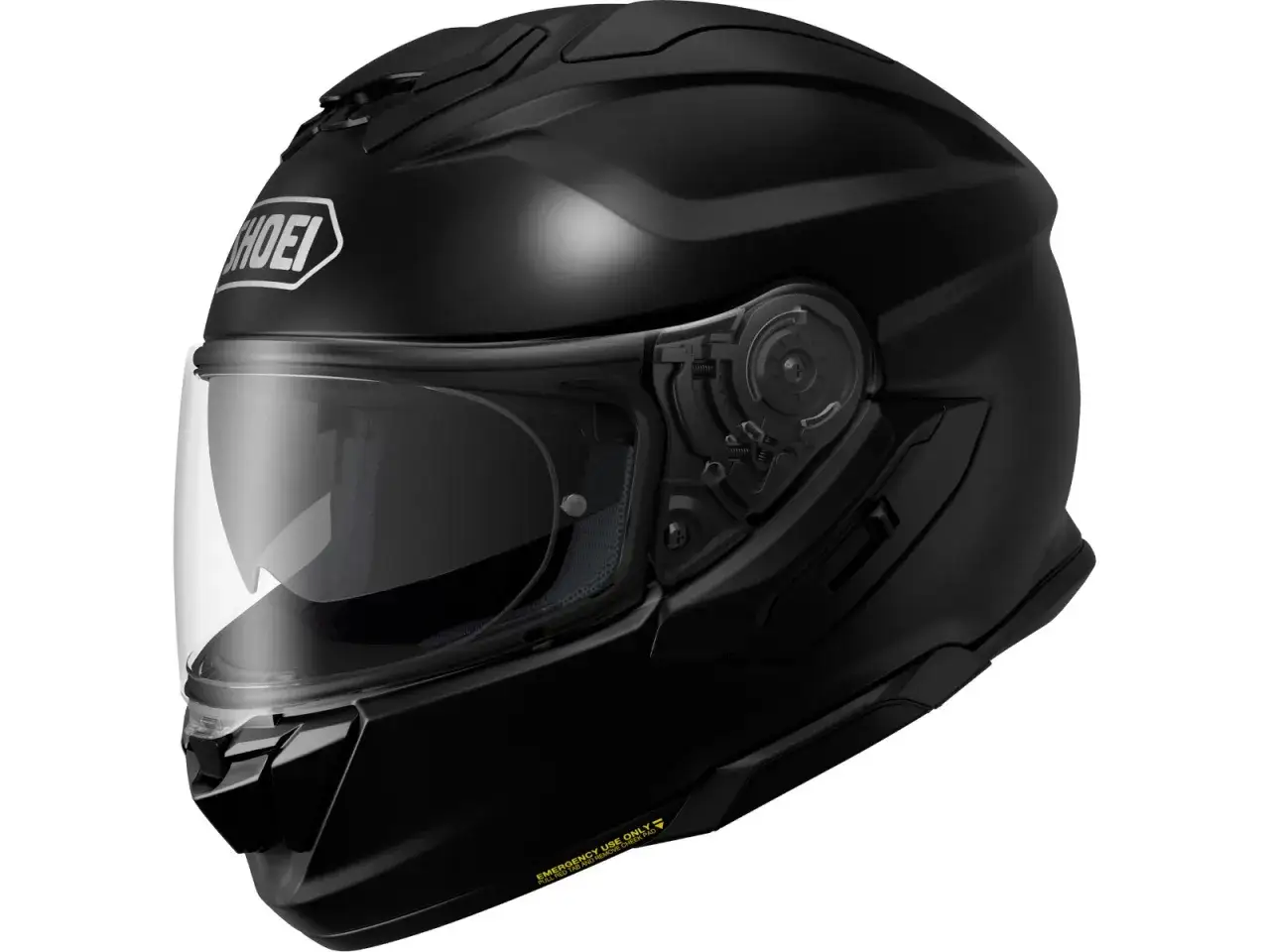 Casco nero opaco Shoei con visiera trasparente. &Egrave; bene che il casco sia dotato di visiera per proteggere gli occhi.