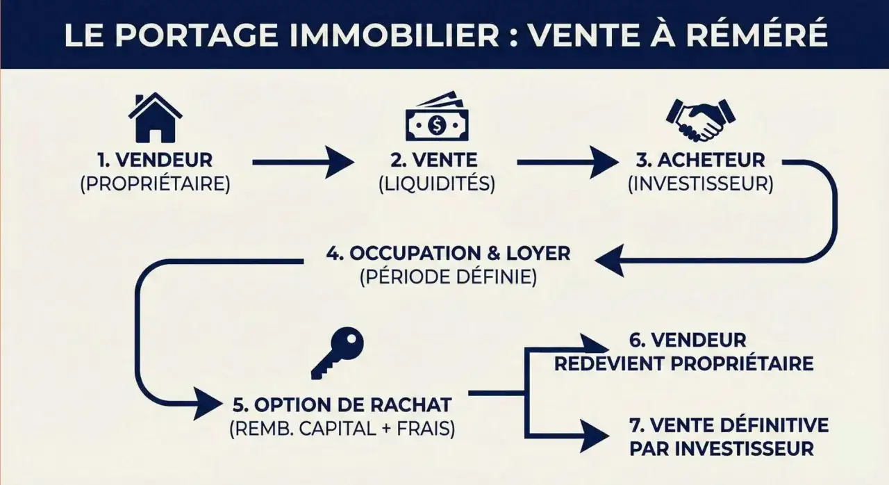Schéma illustrant le processus de vente à réméré : vendeur, vente, acheteur investisseur, occupation, option de rachat, puis le vendeur redevient propriétaire.