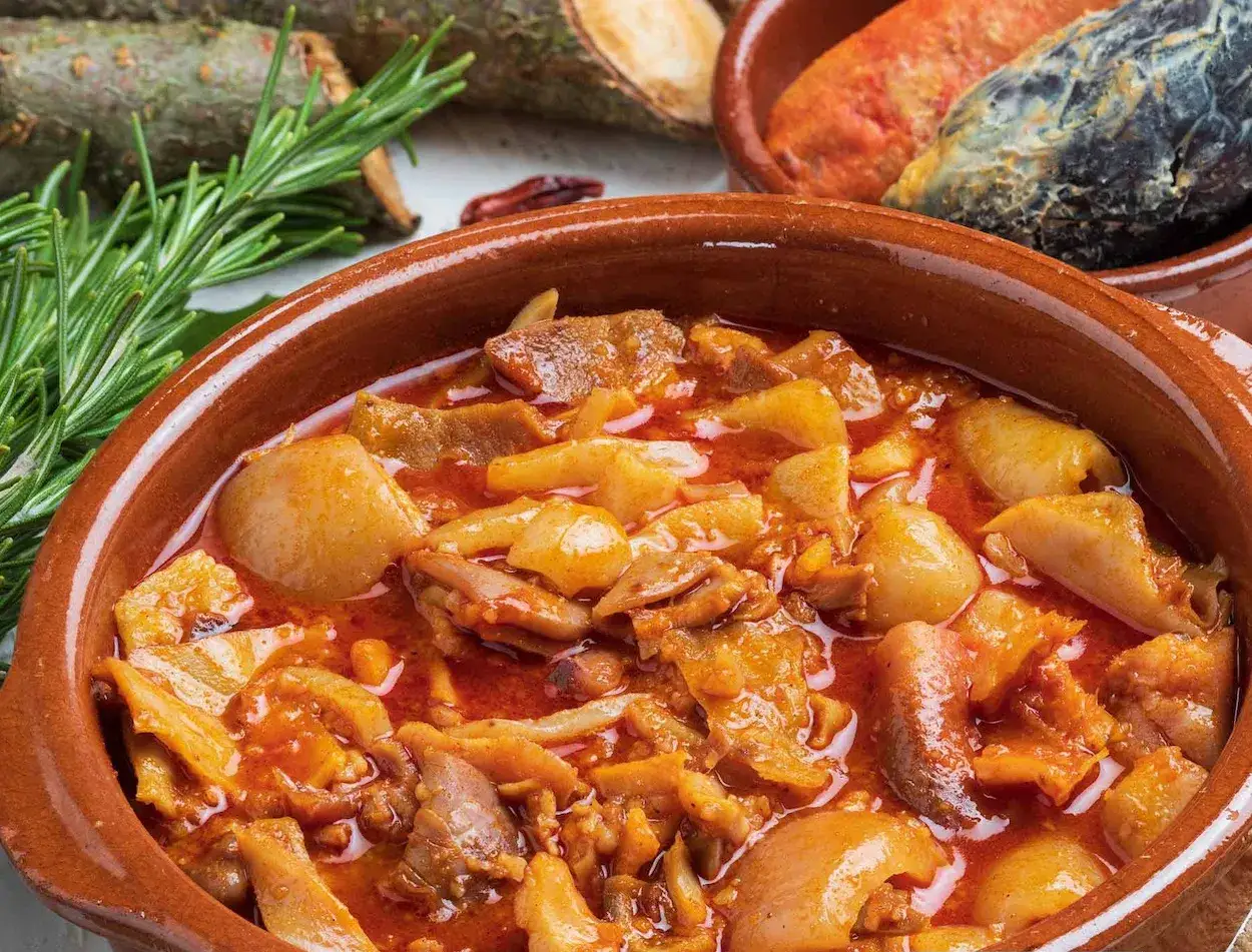 Un tazón de barro con callos a la madrileña, trozos de chorizo y morcilla al fondo, decorado con romero fresco.