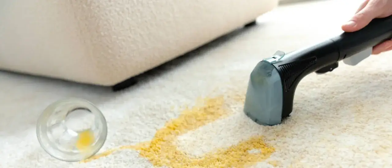 Un bicchiere rovesciato ha macchiato il tappeto. Uno strumento per smacchiare tappeti è in azione per rimuovere la macchia gialla.