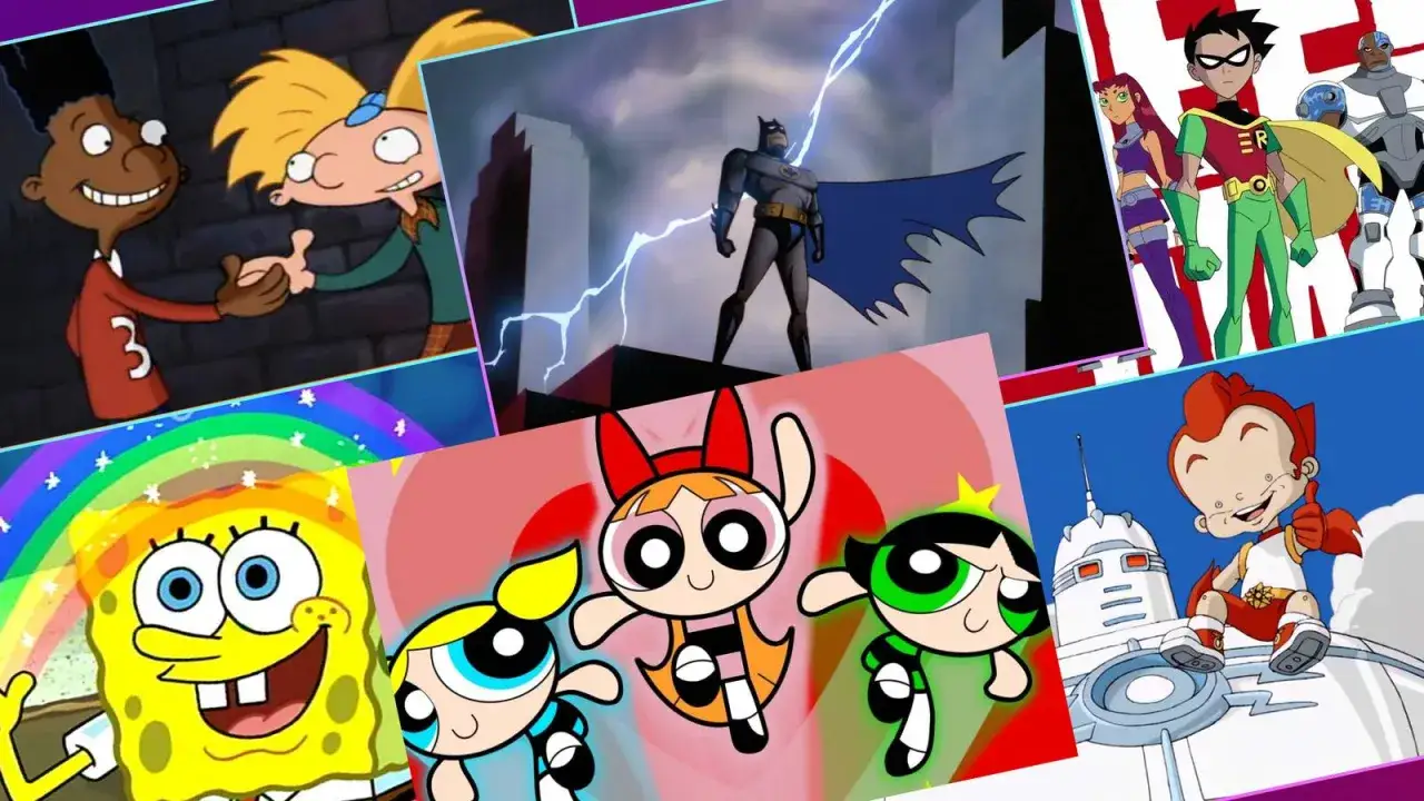 Arnold, SpongeBob, Atomówki i inni bohaterowie z bajek Cartoon Network w kolażu.