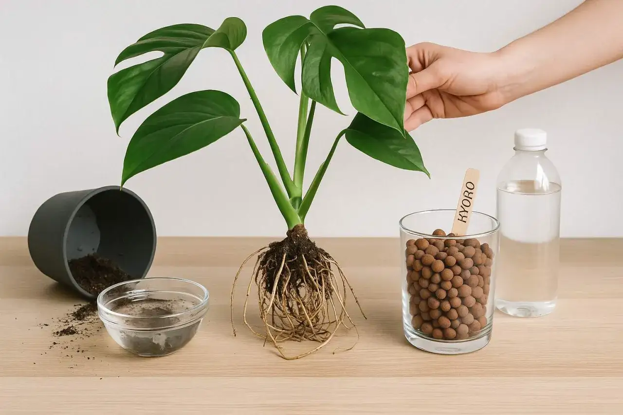Monstera mit Wurzeln, bereit f&uuml;r Hydrokultur. Der Wasserbedarf ist hier entscheidend f&uuml;r gesundes Wachstum.