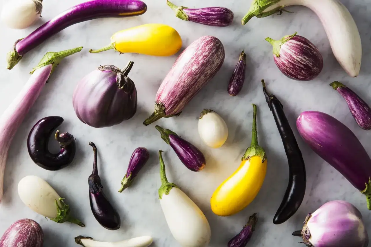 A vibrant display of various types of eggplant, showcasing purple, white, yellow, and striped varieties, arranged artfully on a marble surface.