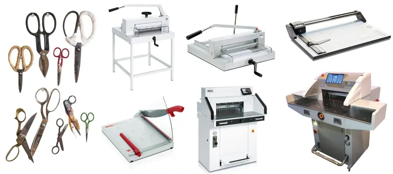 Variedad de tijeras y guillotinas o cizallas de papel, desde modelos manuales hasta industriales, listas para cortar.