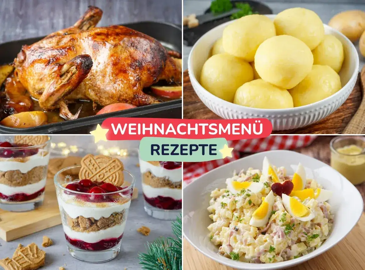 Weihnachtsessen einen Tag vorher vorbereiten: Braten, Klöße, Dessert im Glas und Kartoffelsalat.