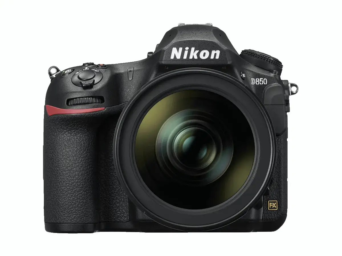 Profesjonalny aparat lustrzanka Nikon D850 z obiektywem.