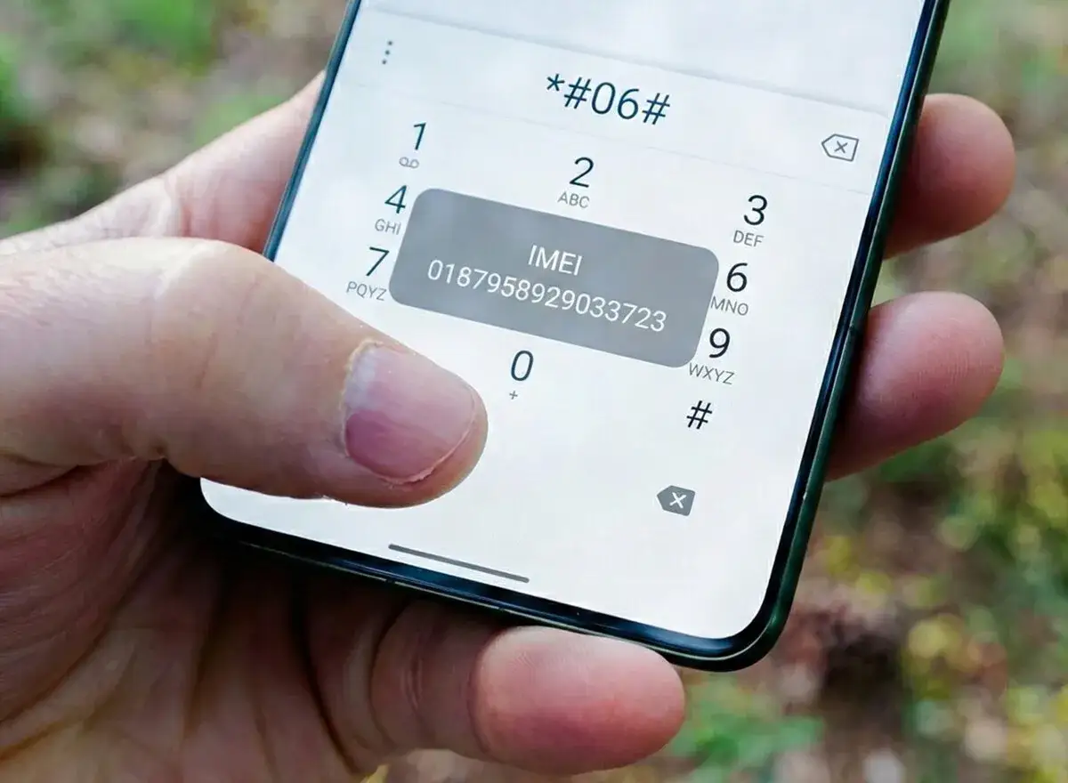Mano mostrando un m&oacute;vil con el c&oacute;digo *#06# para ver el imei movil.