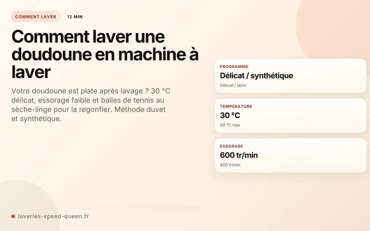 Guide pour laver une doudoune en machine : programme délicat, 30°C, essorage 600 tr/min. Astuce : balles de tennis au sèche-linge pour la regonfler.