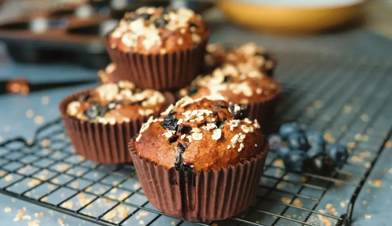 Muffins med blåbär och havre, perfekta att baka med proteinpulver för en hälsosam fika.