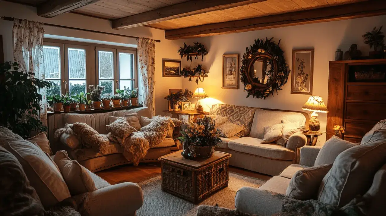 Gemütliches Wohnzimmer gestalten mit bequemen Sofas, Korb-Couchtisch und vielen Pflanzen. Warme Beleuchtung schafft eine einladende Atmosphäre.