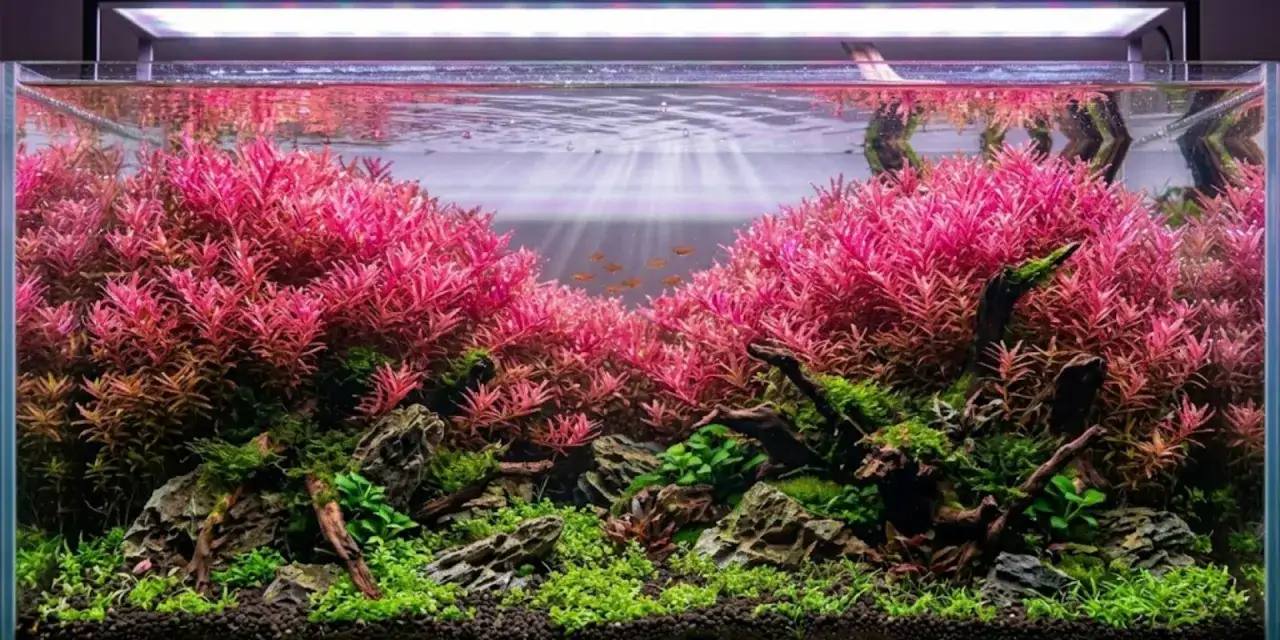 Ett akvarium med frodig, r&ouml;d **Rotala Wallichii** som skapar en dramatisk bakgrund. Sm&aring; fiskar simmar i det klara vattnet.
