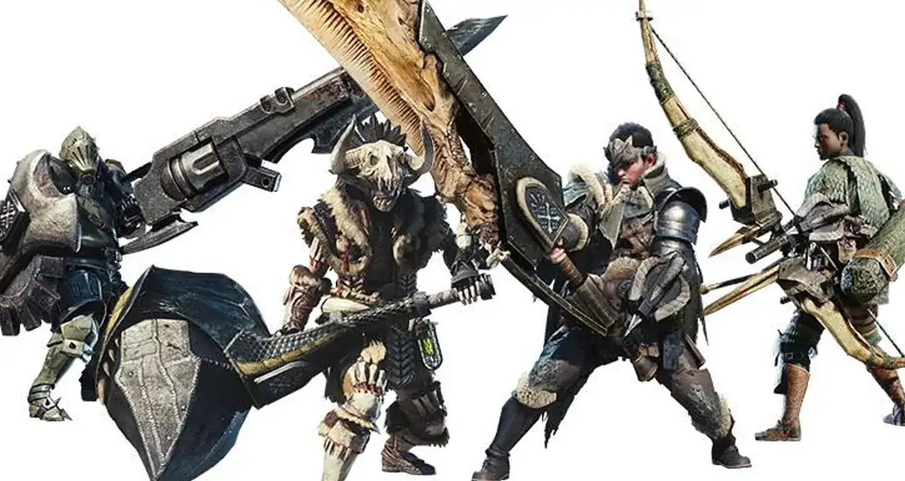 Postacie z gry Monster Hunter World z r&oacute;żnymi broniami, idealne do poradnika.
