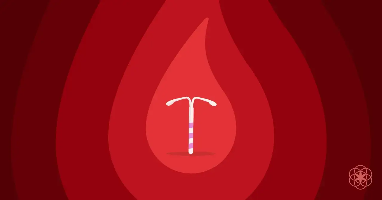 Dispositivo intrauterino (DIU) de levonorgestrel, con fondo rojo que evoca el sangrado menstrual.