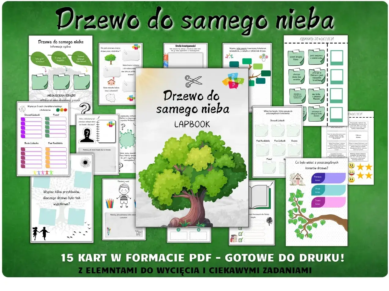 Drzewo do samego nieba LAPBOOK: materiały edukacyjne z zadaniami, elementami do wycięcia i kreatywnymi ćwiczeniami.