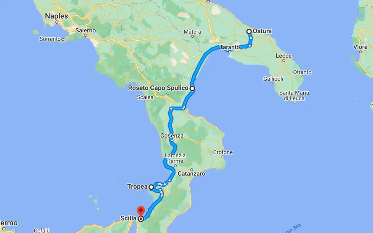 Map showing a route from Ostuni, Italy, down the coast through Taranto, Cosenza, Lamezia Terme, Tropea, and Scilla, illustrating how to get to Calabria, Italy.