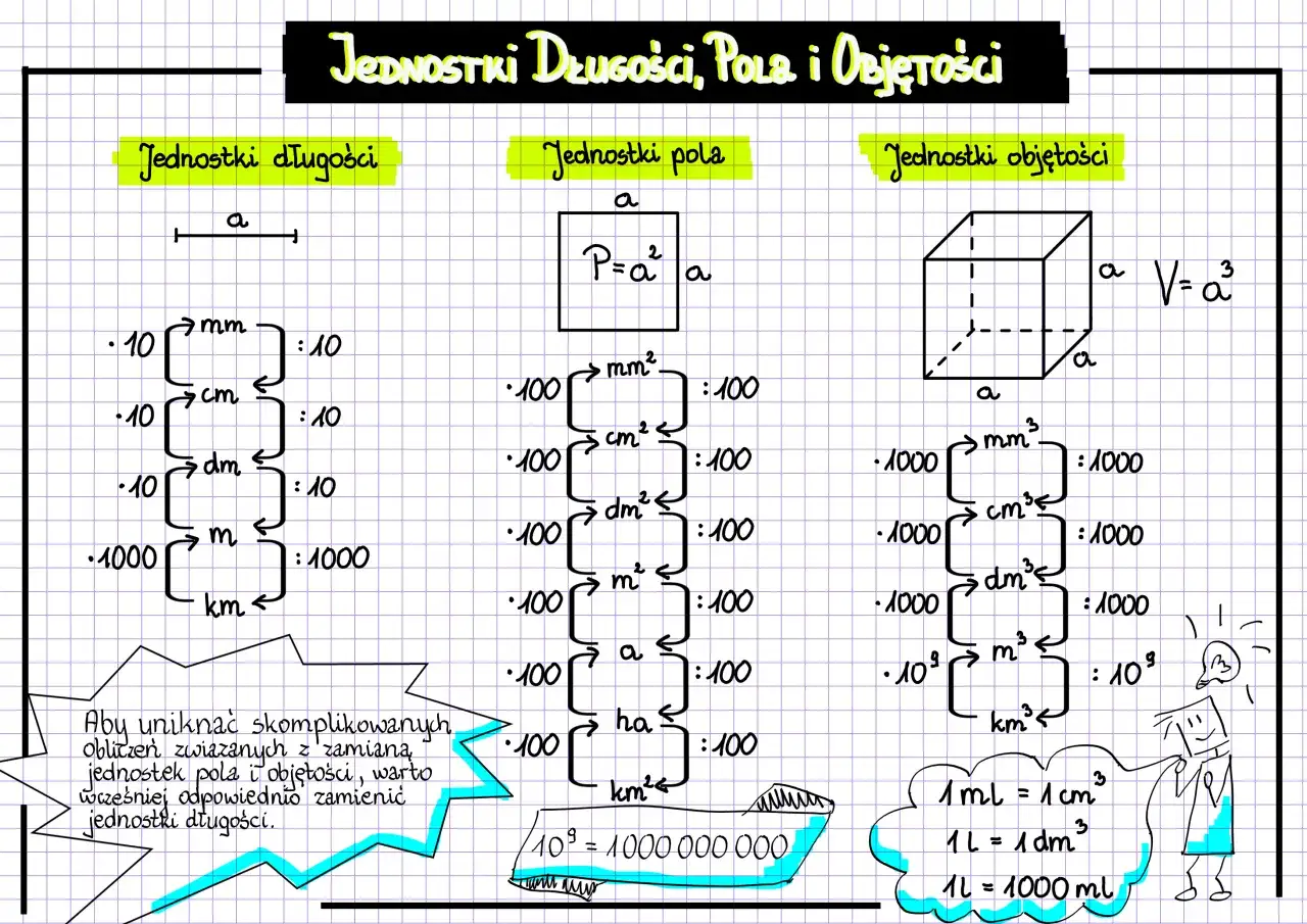 Diagram przedstawia jednostki objętości, pola i długości, z przykładami konwersji i wzorami.