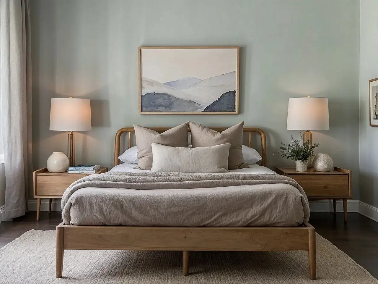 A serene bedroom with a wooden bed, neutral bedding, and a landscape painting. Learn how to style a nightstand with a lamp, books, and a vase.