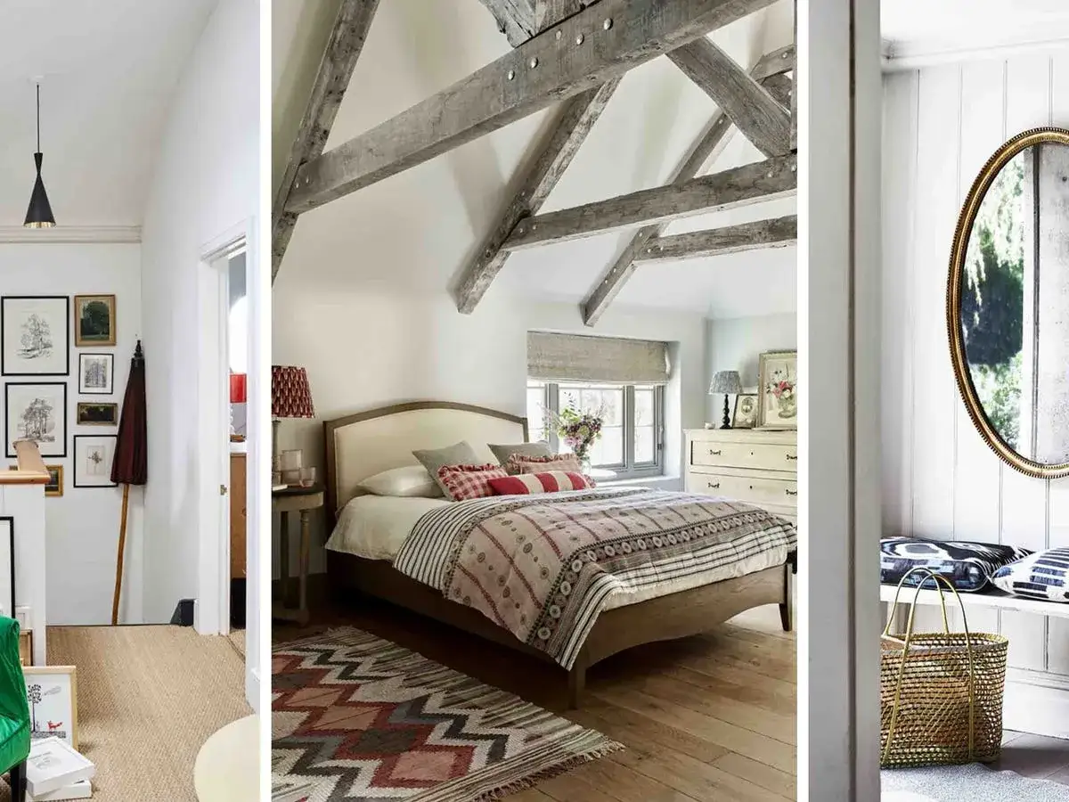 Ideas para decorar casa con poco dinero: pasillo con cuadros, dormitorio rústico con vigas y entrada con espejo y cesta.