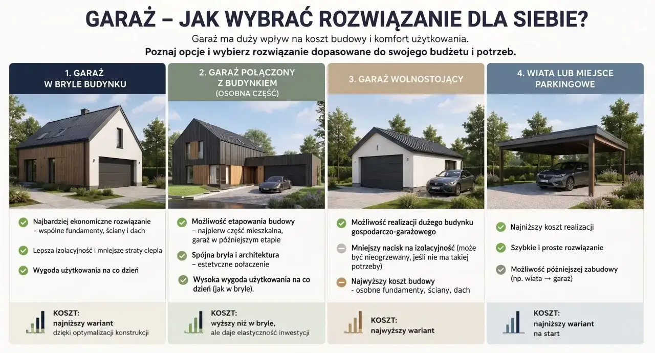 Nowoczesny dom wolnostojący z garażem, który jest osobną konstrukcją.